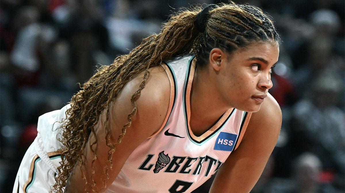 New York Liberty forward Nyara Sabally (8) waits for the Las Vegas Aces to shoot a free throw in the second half during game two of the 2023 WNBA Finals at Michelob Ultra Arena.