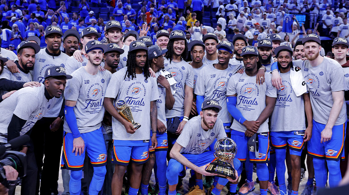 The Oklahoma City Thunder celebrates after beating the Minnesota Timberwolves in game five to win the western conference finals for the 2025 NBA Playoffs at Paycom Center.