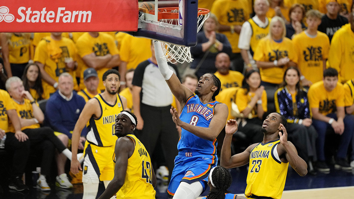 Oklahoma City Thunder forward Jalen Williams (8) shoots the ball against the Indiana Pacers during the first half of game six of the 2025 NBA Finals between the Oklahoma City Thunder and the Indiana Pacers at Gainbridge Fieldhouse.
