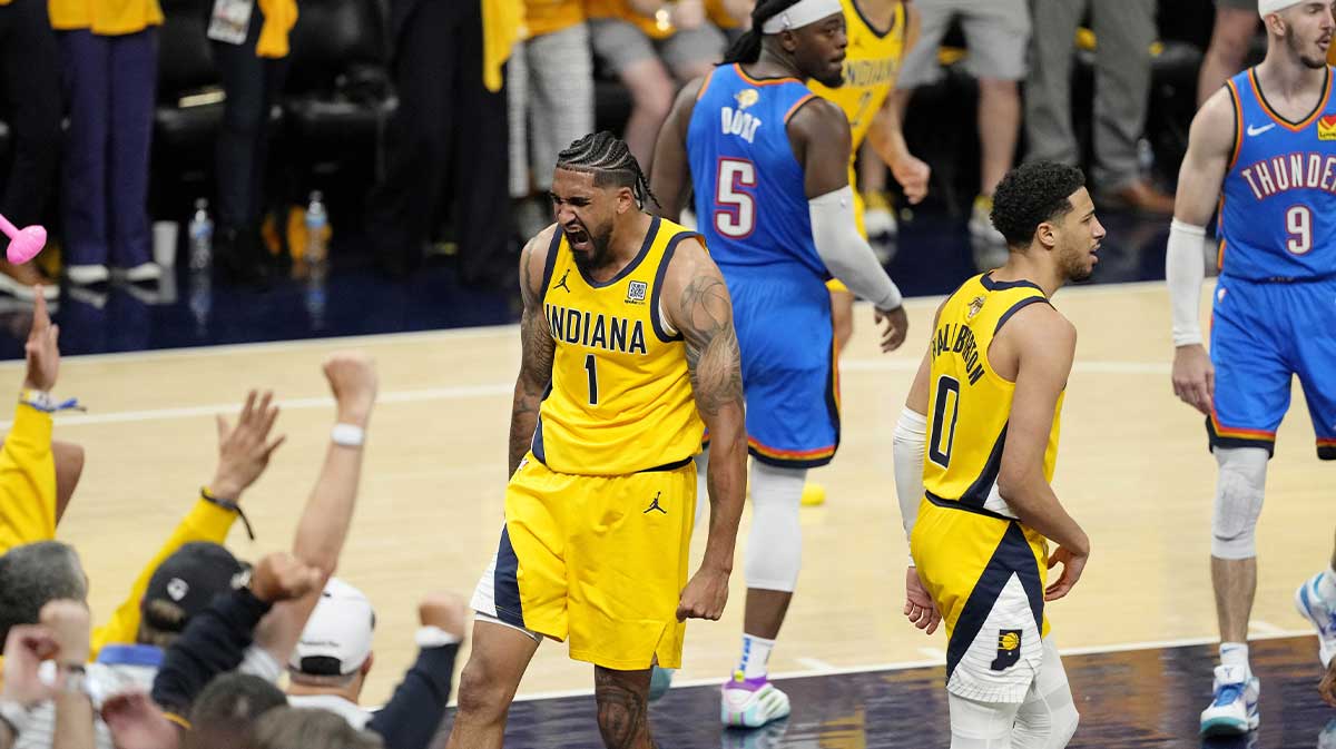 Indiana Pacers forward Obi Toppin (1) reacts after dunking against the Oklahoma City Thunder during the second half during game three of the 2025 NBA Finals at Gainbridge Fieldhouse