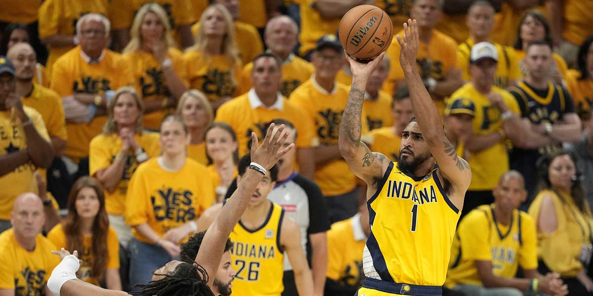 Indiana Pacers forward Obi Toppin (1) shoots the ball against the Oklahoma City Thunder during the second half of game six of the 2025 NBA Finals between the Oklahoma City Thunder and the Indiana Pacers at Gainbridge Fieldhouse.