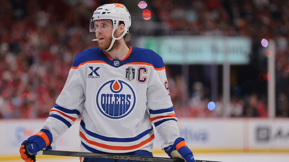 Edmonton Oilers center Connor McDavid (97) looks on during the third period against the Florida Panthers in game three of the 2025 Stanley Cup Final at Amerant Bank Arena.