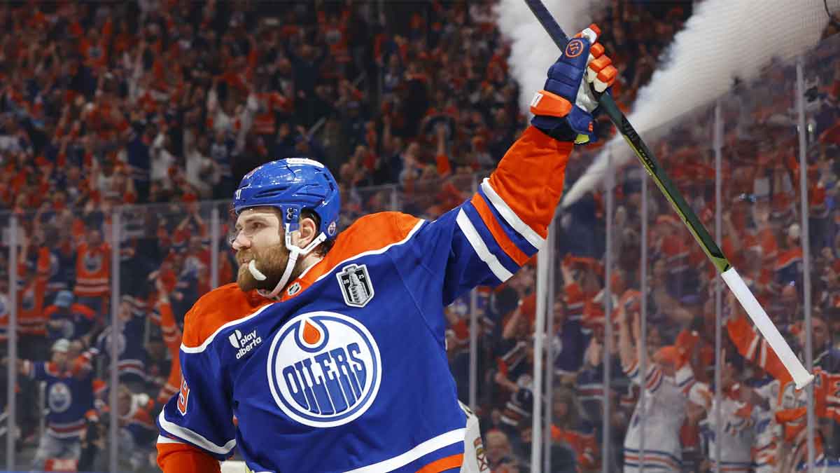 Edmonton Oilers center Leon Draisaitl (29) reacts after scoring a goal against the Florida Panthers during the first period in game one of the 2025 Stanley Cup Final at Rogers Place.