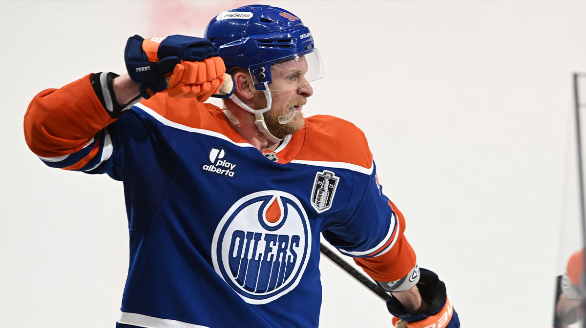 Edmonton Oilers right wing Corey Perry (90) reacts after scoring a goal against the Florida Panthers during the third period in game two of the 2025 Stanley Cup Final at Rogers Place