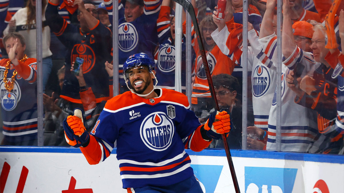 Edmonton Oilers left wing Evander Kane (91) reacts after scoring a goal against the Florida Panthers during the first period in game two of the 2025 Stanley Cup Final at Rogers Place.