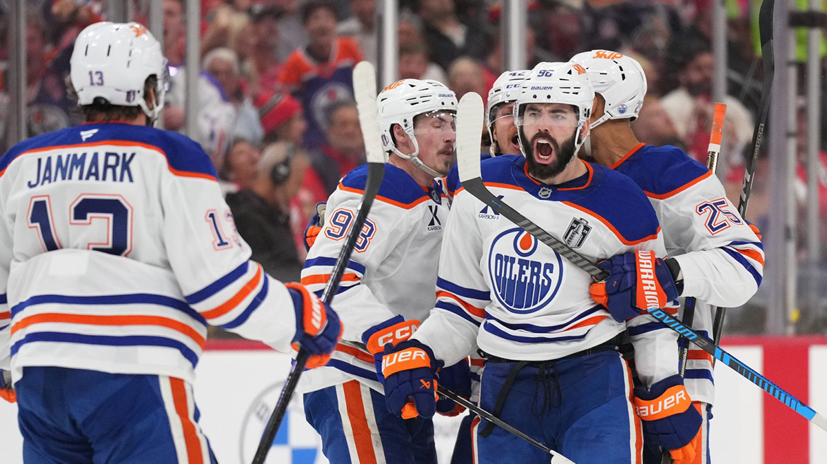 Edmonton Oilers defenseman Jake Walman (96) celebrates scoring during the third period against the Florida Panthers in game four of the 2025 Stanley Cup Final at Amerant Bank Arena.
