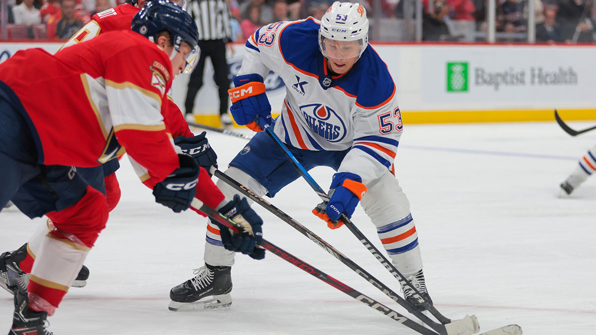 Edmonton Oilers center Jeff Skinner (53) moves the puck against the Florida Panthers during the third period at Amerant Bank Arena.