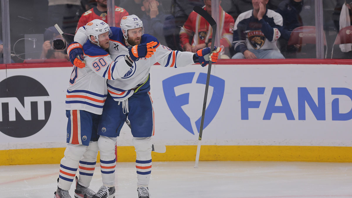 Edmonton Oilers right wing Corey Perry (90) celebrates scoring with center Leon Draisaitl (29) during the second period against the Florida Panthers in game three of the 2025 Stanley Cup Final at Amerant Bank Arena.