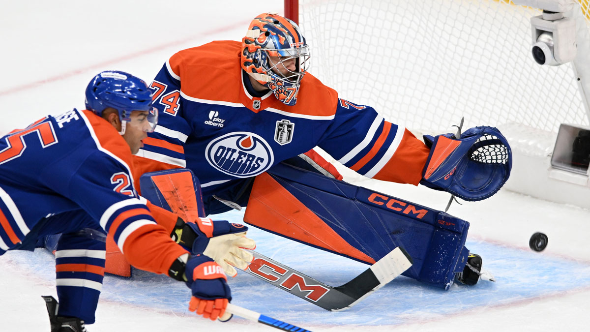Edmonton Oilers goaltender Stuart Skinner (74) gives up a goal to Florida Panthers center Brad Marchand (not pictured) during the first period in game one of the 2025 Stanley Cup Final at Rogers Place.