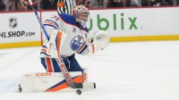 Edmonton Oilers goaltender Stuart Skinner (74) defend against a shot on net during the second period against the Florida Panthers in game three of the 2025 Stanley Cup Final at Amerant Bank Arena.