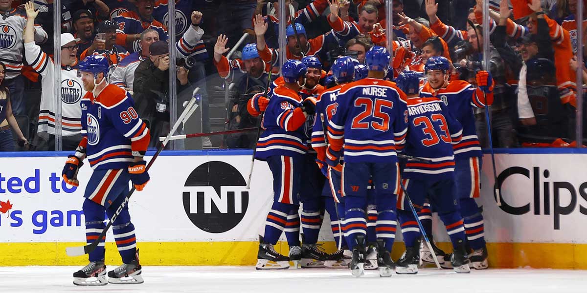 Edmonton Oilers center Leon Draisaitl (29) reacts after scoring the game winning goal during overtime against the Florida Panthers in game one of the 2025 Stanley Cup Final at Rogers Place.