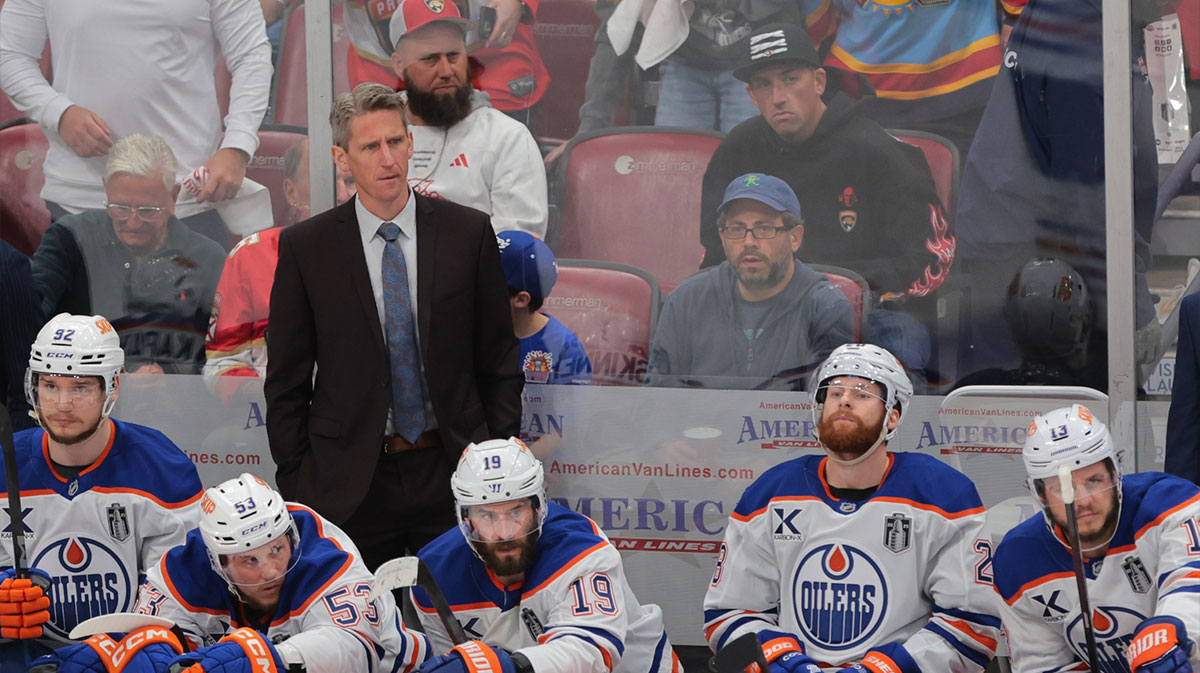 Edmonton Oilers head coach Kris Knoblauch looks on during the third period against the Florida Panthers in game four of the 2025 Stanley Cup Final at Amerant Bank Arena.