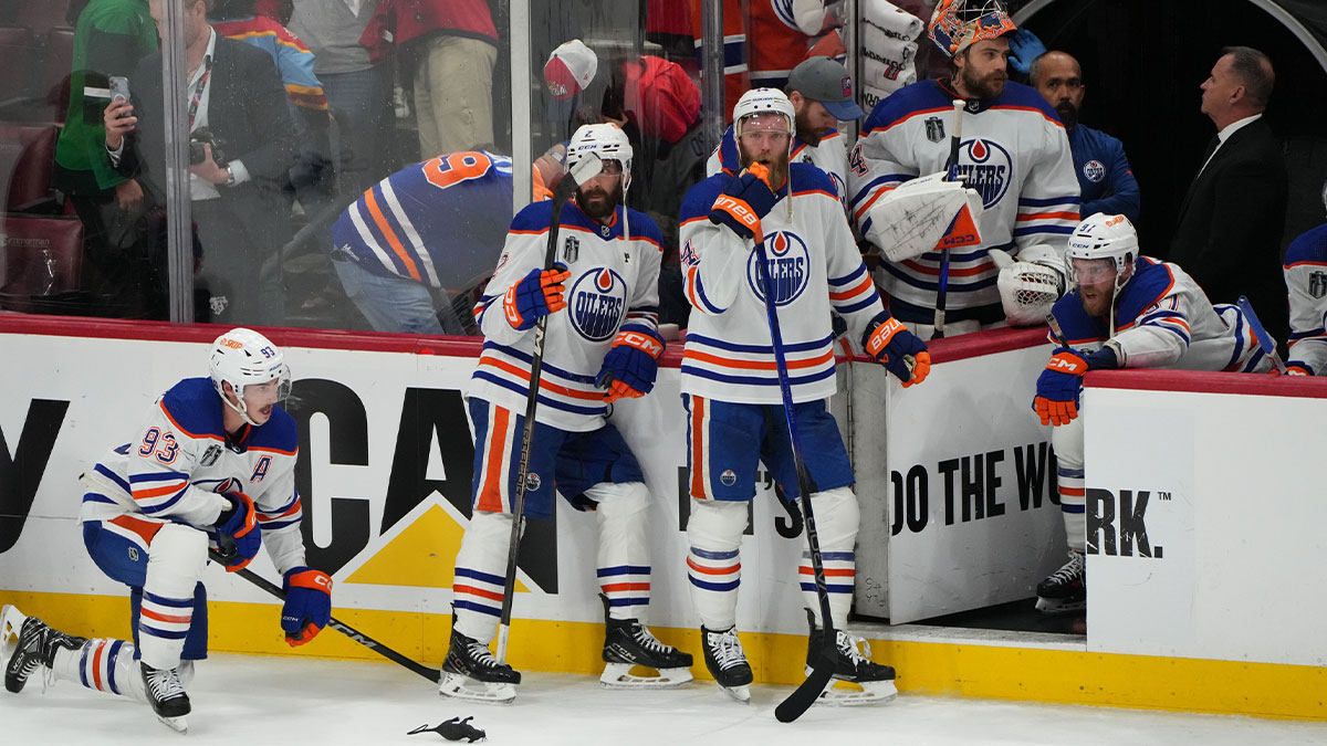 Edmonton Oilers look on after the defeat against Florida Panthers in game seven of the 2024 Stanley Cup Final at Amerant Bank Arena