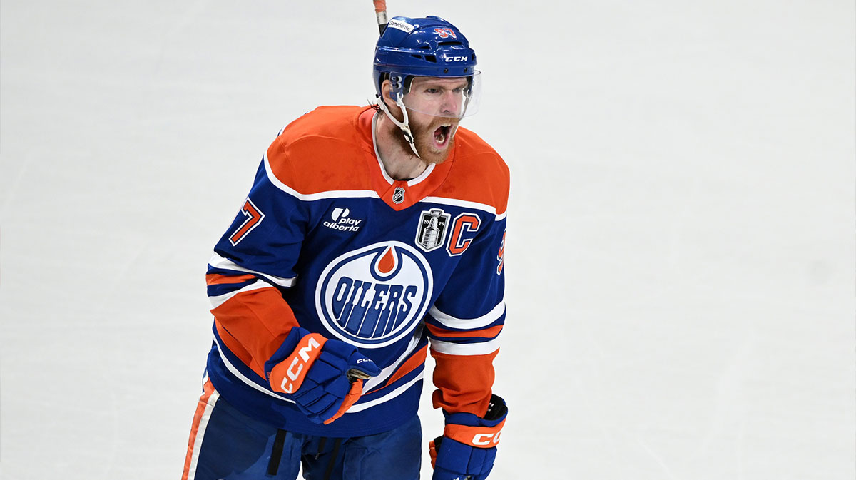 Edmonton Oilers center Connor McDavid (97) reacts against the Florida Panthers during the first period in game two of the 2025 Stanley Cup Final at Rogers Place.