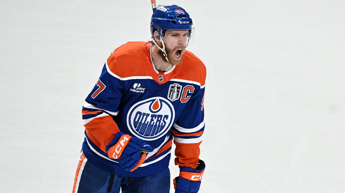 Edmonton Oilers center Connor McDavid (97) reacts against the Florida Panthers during the first period in game two of the 2025 Stanley Cup Final at Rogers Place.