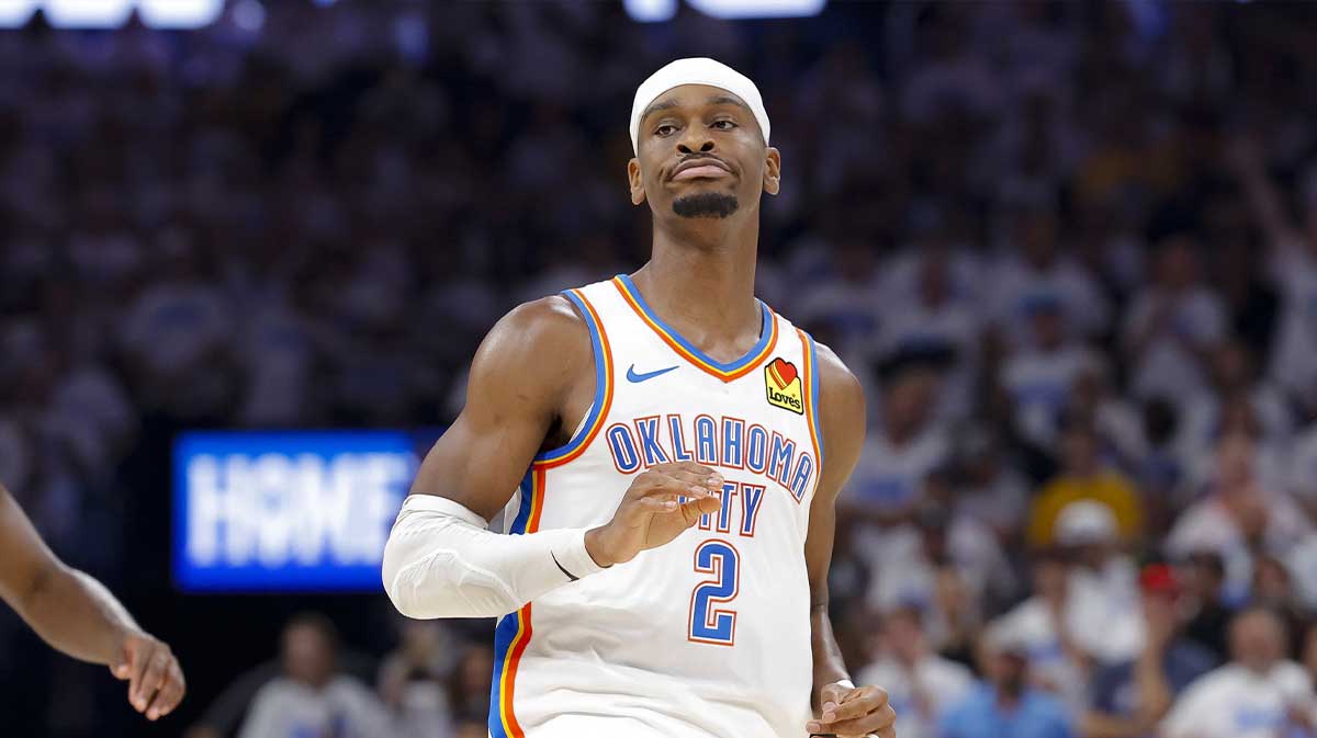 Oklahoma City Thunder guard Shai Gilgeous-Alexander (2) reacts to making a basket against the Indiana Pacers during the third quarter during game one of the 2025 NBA Finals at Paycom Center.