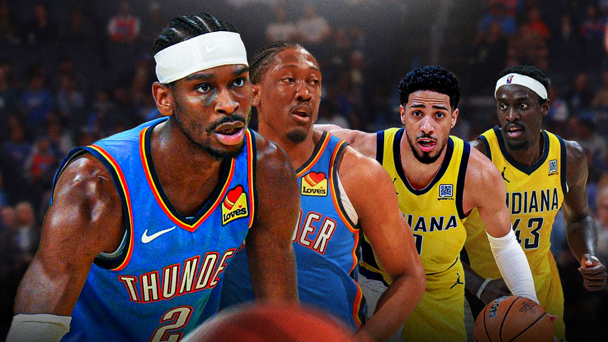 Oklahoma City Thunder stars Shai Gilgeous-Alexander and Jalen Williams looking at Tyrese Haliburton and Pascal Siakam in front of Paycom Center.