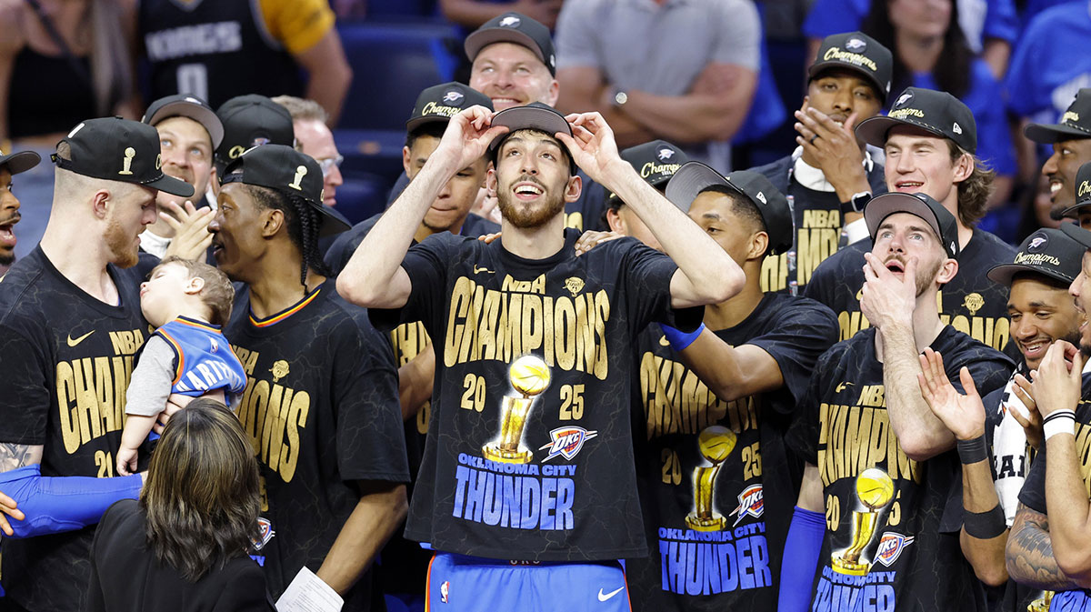 Oklahoma City Thunder forward Chet Holmgren (7) celebrates after winning game seven of the 2025 NBA Finals against the Indiana Pacers at Paycom Center.