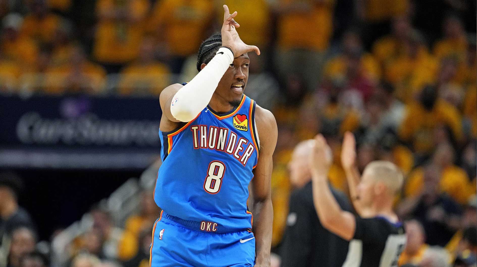 Oklahoma City Thunder forward Jalen Williams (8) celebrates after a play during the third quarter against the Indiana Pacers in game three of the 2025 NBA Finals at Gainbridge Fieldhouse.