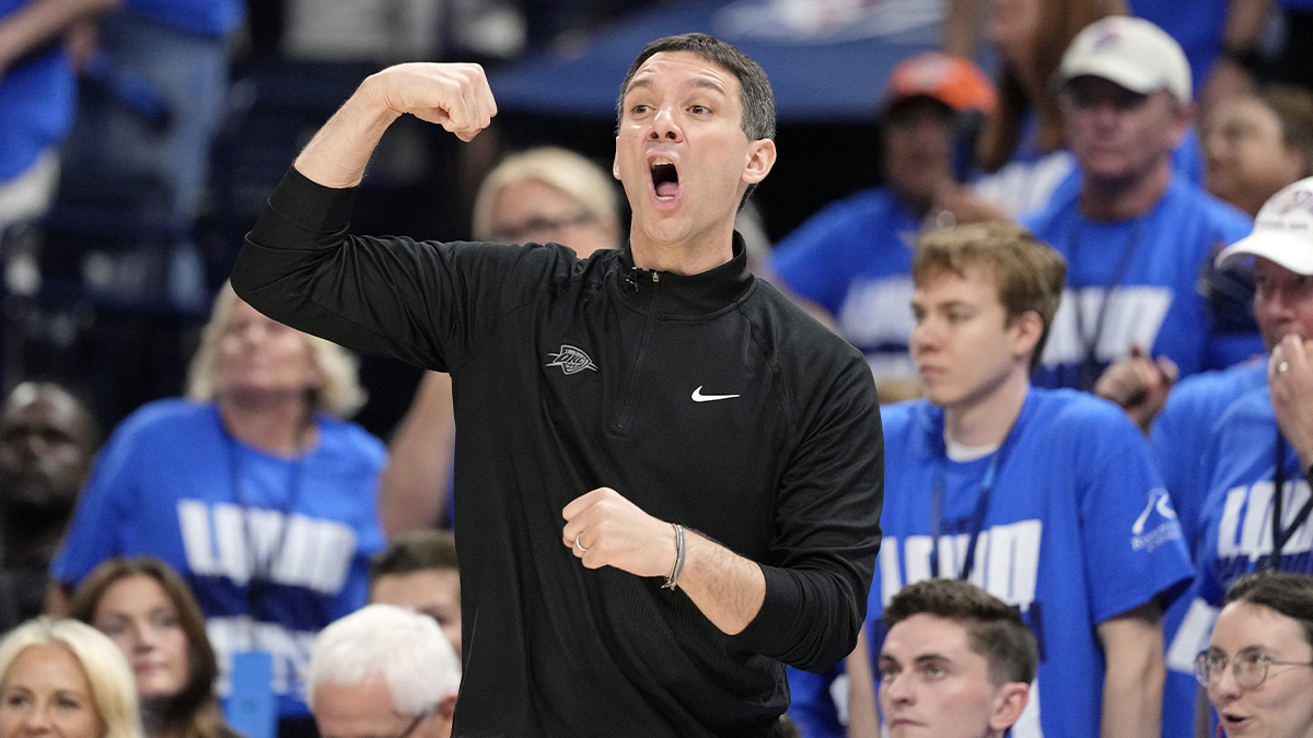 Oklahoma City Thunder head coach Mark Daigneault directs players against the Indiana Pacers during the second half during game two of the 2025 NBA Finals at Paycom Center.