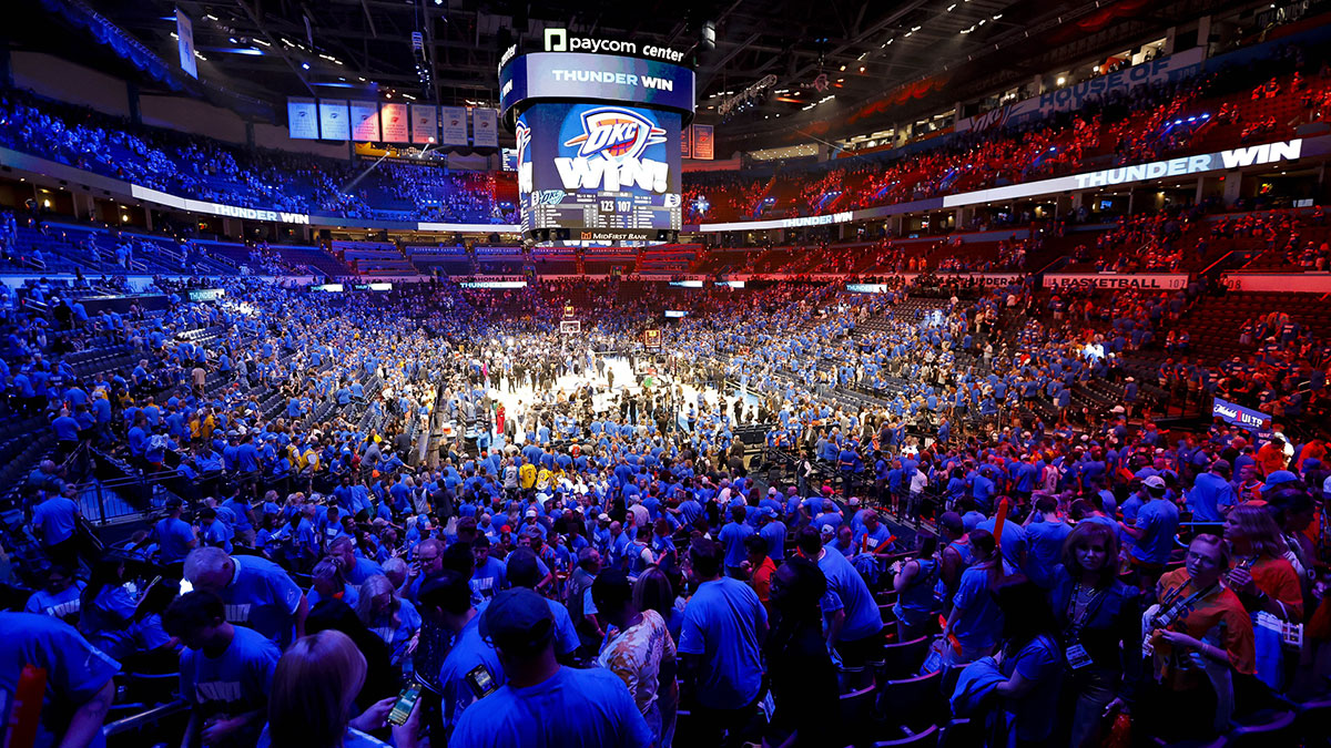 A view of the arena and Oklahoma City Thunder fans as they celebrate after the Thunder defeat the Indiana Pacers in game two of the 2025 NBA Finals at Paycom Center.
