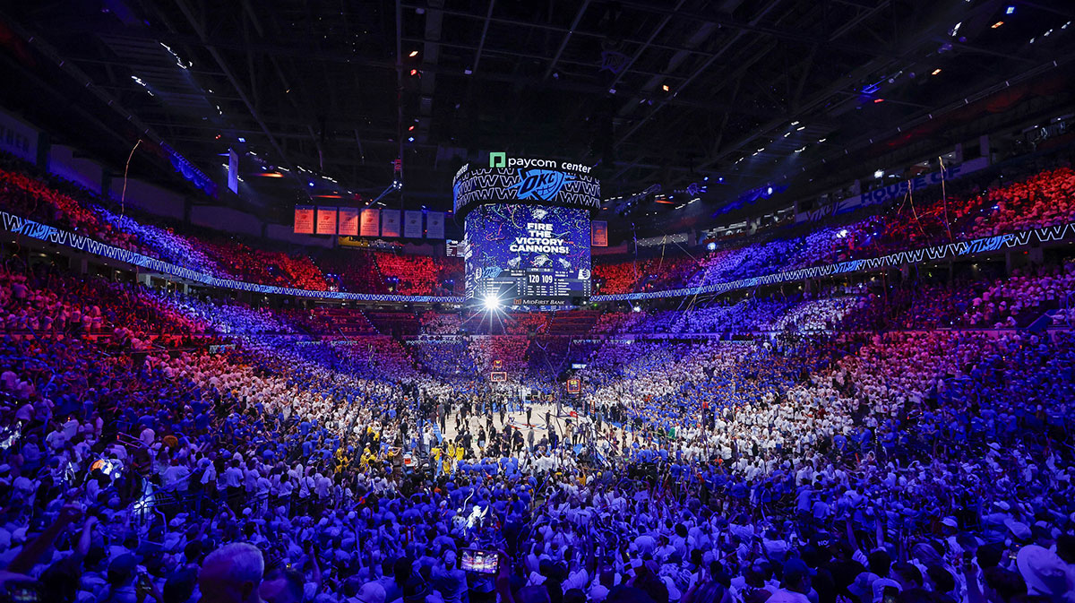 A view of the area and fans during the fourth quarter between the Oklahoma City Thunder and the Indiana Pacers in game five of the 2025 NBA Finals at Paycom Center.