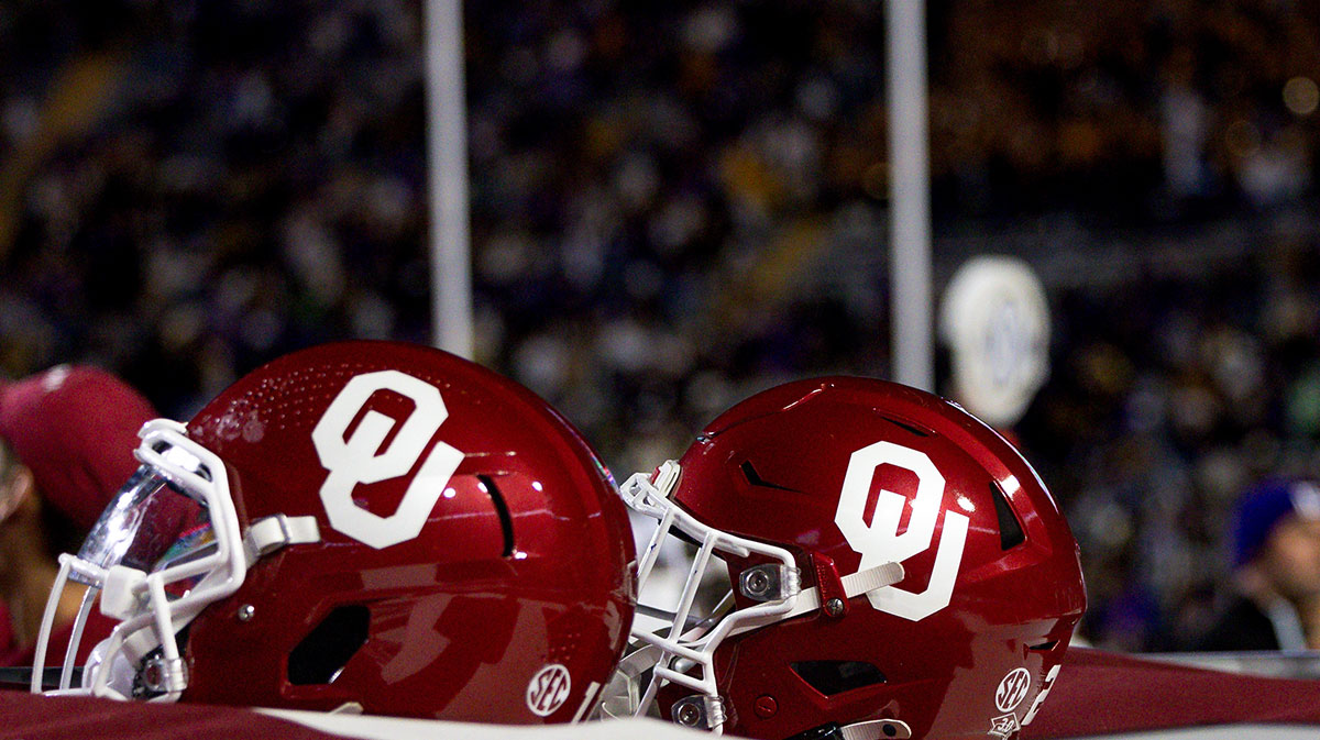 Detailed view of the Oklahoma Sooners helmets on a time out against the LSU Tigers during the second quarter at Tiger Stadium.