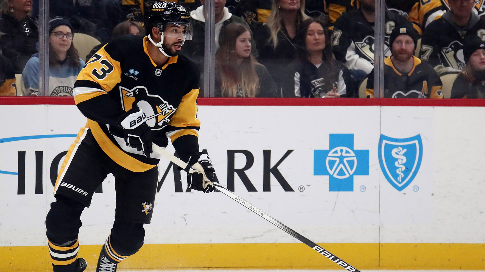 Pittsburgh Penguins defenseman Pierre-Olivier Joseph (73) handles the puck against the Philadelphia Flyers during the first period at PPG Paints Arena.