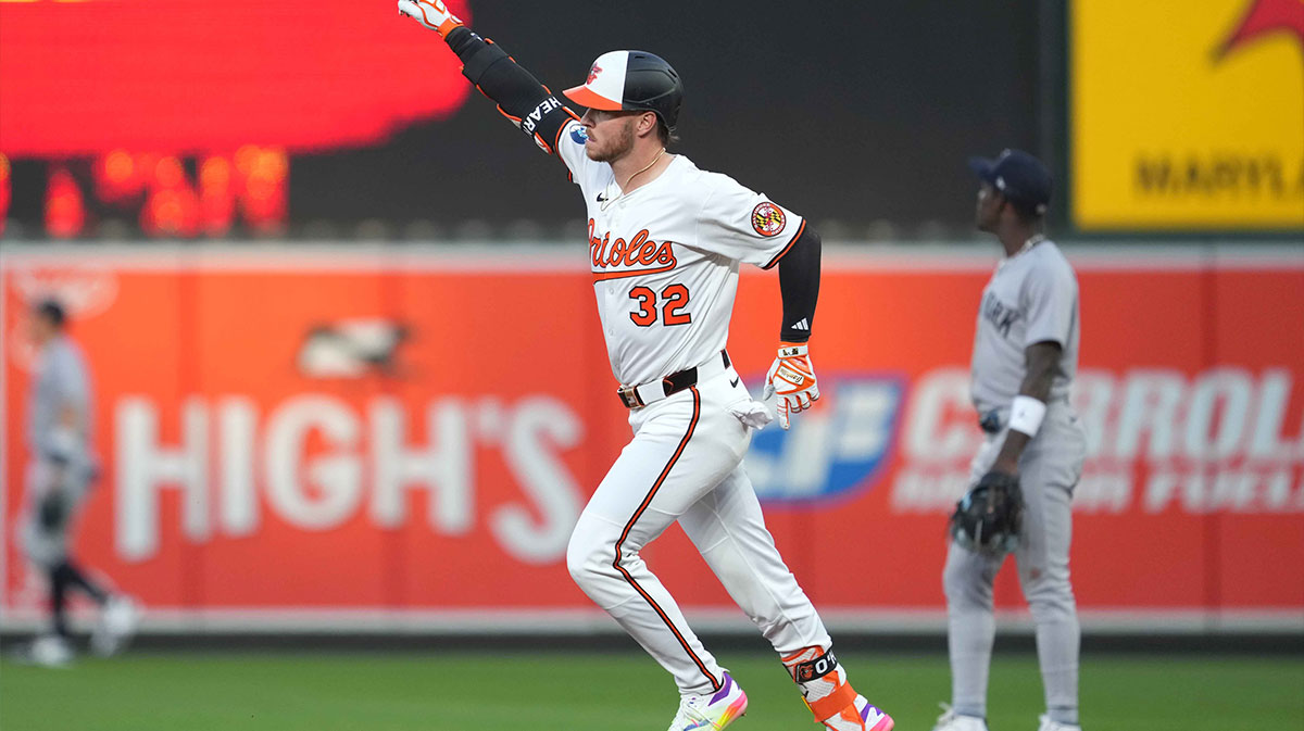 Baltimore Orioles designated hitter Ryan O’Hearn (32) gestures following his three run home run in the third inning against the New York Yankees at Oriole Park at Camden Yards.