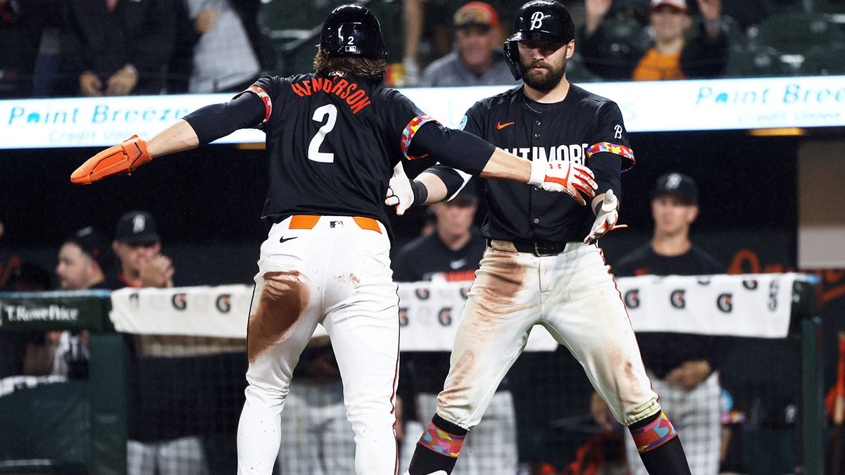 Baltimore Orioles third baseman Coby Mayo (16) hits a home run during the eighth inning against the Tampa Bay Rays at Oriole Park at Camden Yards.