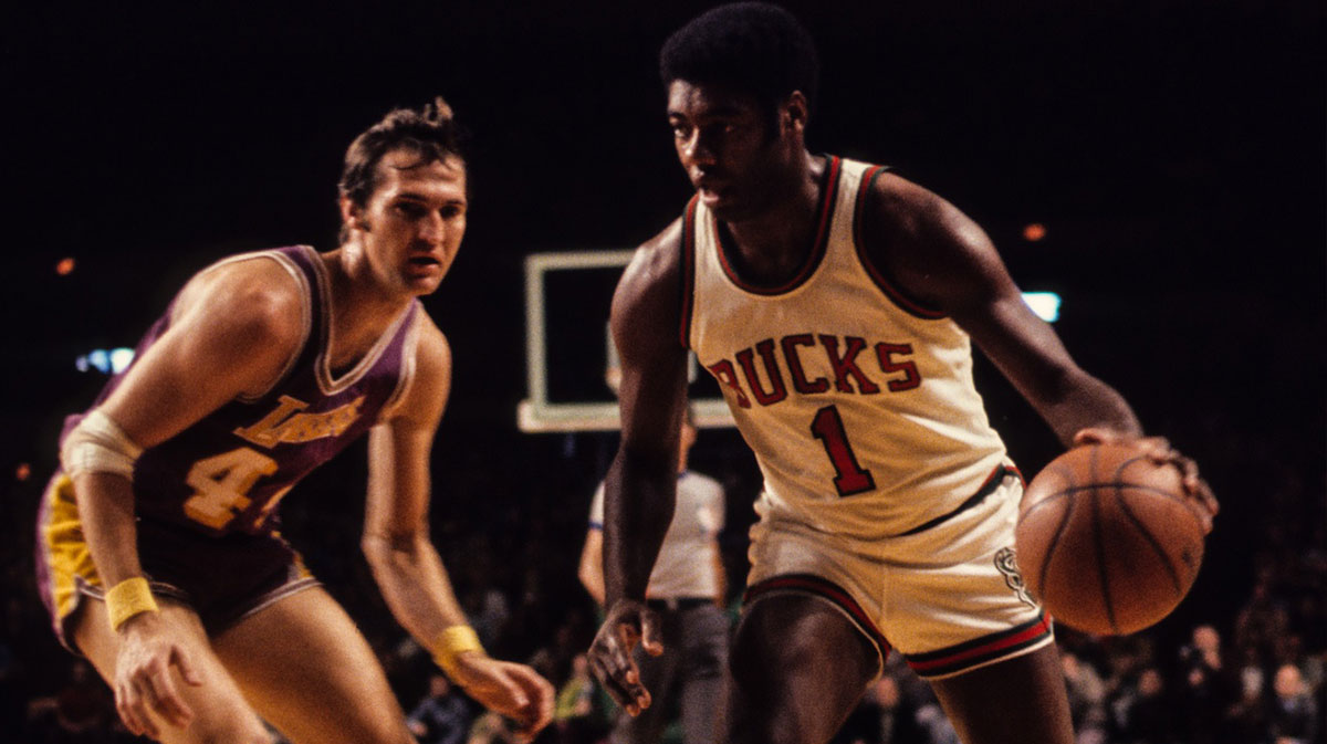 Milwaukee Bucks guard Oscar Robertson (1) against Los Angeles guard Jerry West (44).