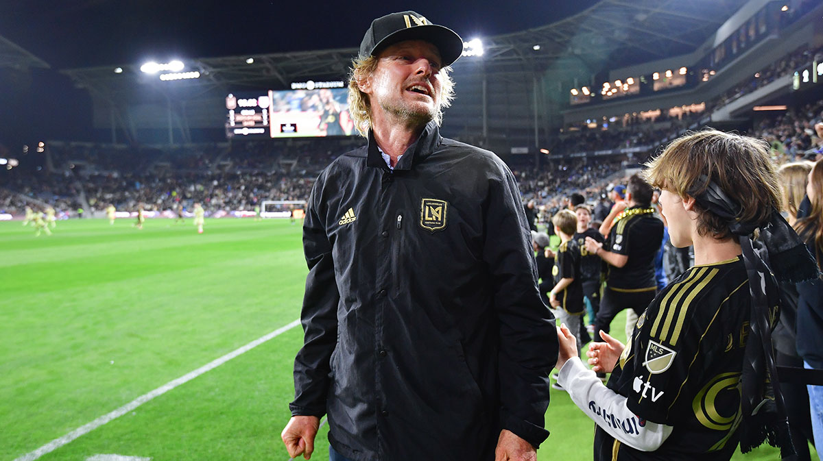 Owen Wilson, who talked about making a movie about brothers Peyton and Eli Manning, at LAFC-New York Red game.