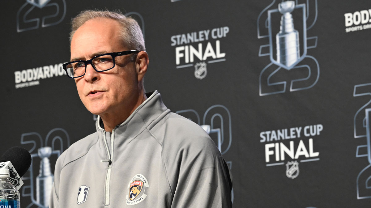 Florida Panthers head coach Paul Maurice is seen taking questions during media day in advance of the 2025 Stanley Cup Final at Rogers Place.