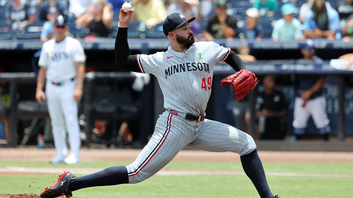 May 28, 2025; Minneapolis, Minnesota, USA; Minnesota Twins starting pitcher Pablo Lopez (49) throws a pitch against the Tampa Bay Rays during the first inning at George M. Steinbrenner Field.