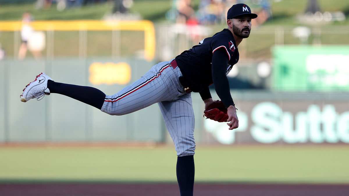 Jun 3, 2025; West Sacramento, California, USA; Minnesota Twins starting pitcher Pablo Lopez (49) throws a pitch against the Athletics during the first inning at Sutter Health Park. Mandatory Credit: Dennis Lee-Imagn Images