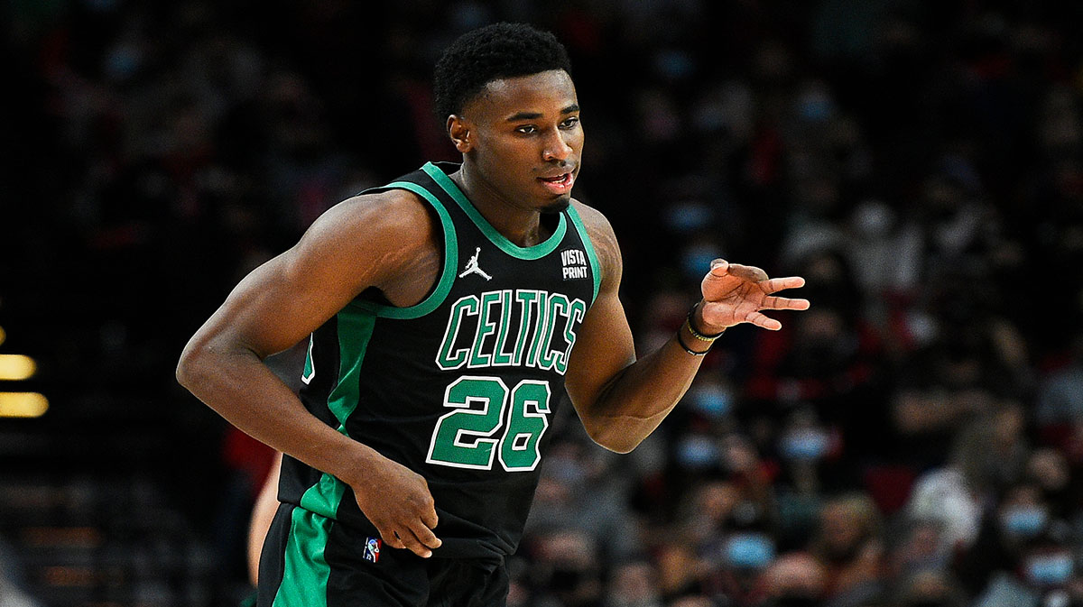 Celtics forward Aaron Nesmith (26) signals after a three point shot against the Portland Trail Blazers at Moda Center. The Celtics won 145-117 during the second half