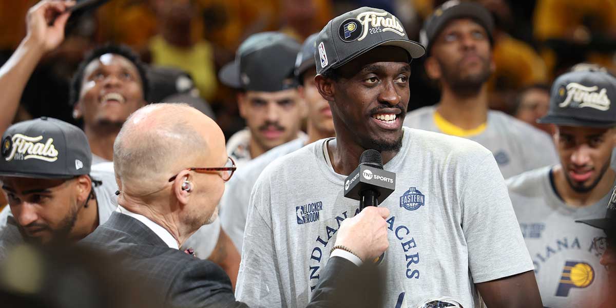 Pacers forward Pascal Siakam (43) is interviewed by Ernie Johnson after receiving the Larry Bird MVP Trophy game six of the eastern conference finals against the New York Knicks for the 2025 NBA Playoffs at Gainbridge Fieldhouse