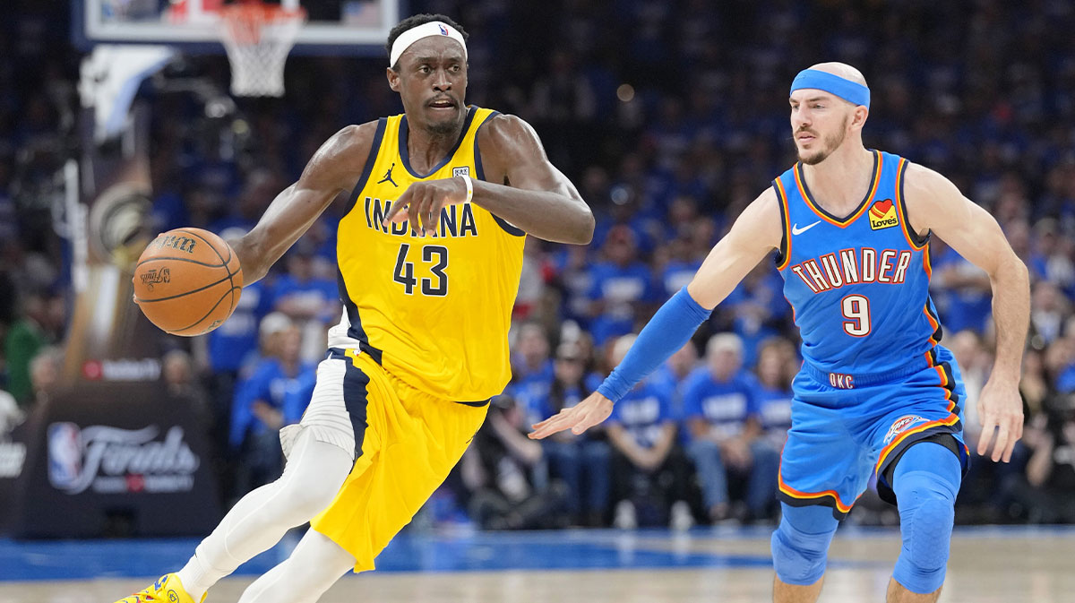 Indiana Pacers forward Pascal Siakam (43) dribbles the ball against Oklahoma City Thunder guard Alex Caruso (9) during the first half during game two of the 2025 NBA Finals at Paycom Center.