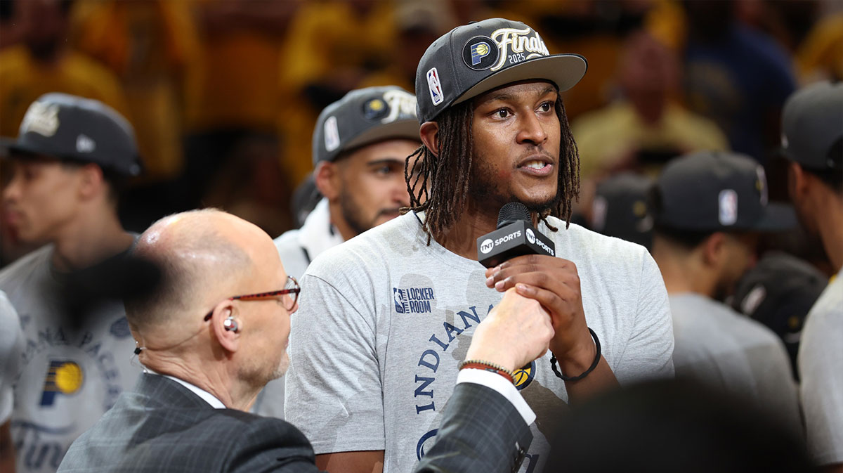 Ernie Johnson interviews Indiana Pacers center Myles Turner (33) after game six of the eastern conference finals against the New York Knicks for the 2025 NBA Playoffs at Gainbridge Fieldhouse.