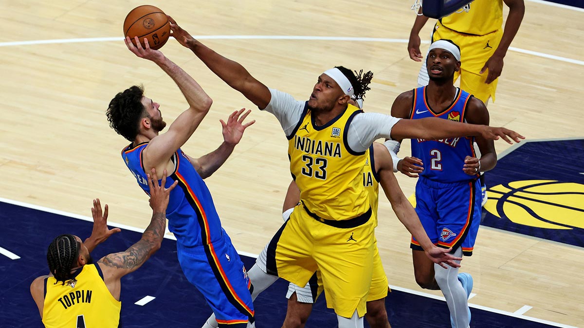 Pacers' Myles Turner blocks the shot of Thunder's Chet Holmgren