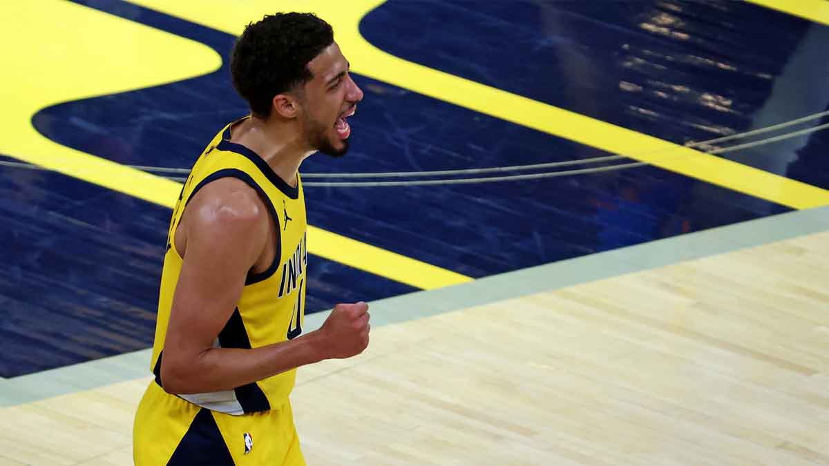 Indiana Pacers guard Tyrese Haliburton (0) celebrates after beating the Oklahoma City Thunder in game three of the 2025 NBA Finals at Gainbridge Fieldhouse.