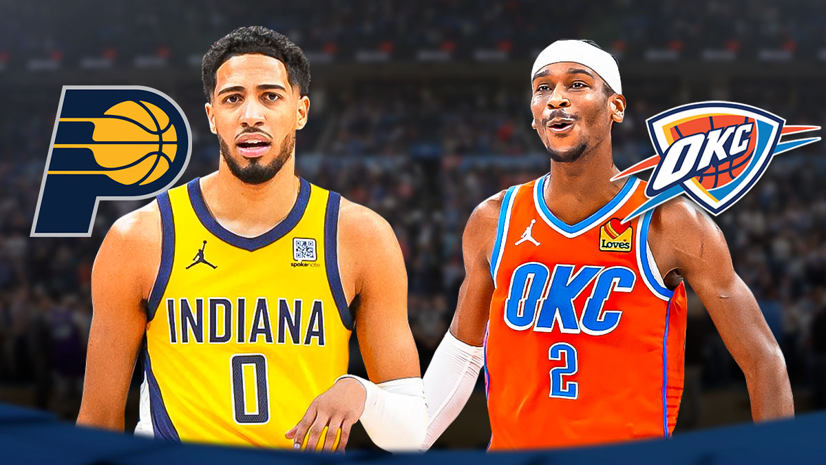 Tyrese Haliburton, Pacers logo on one side and Shai Gilgeous-Alexander, Thunder logo on the other