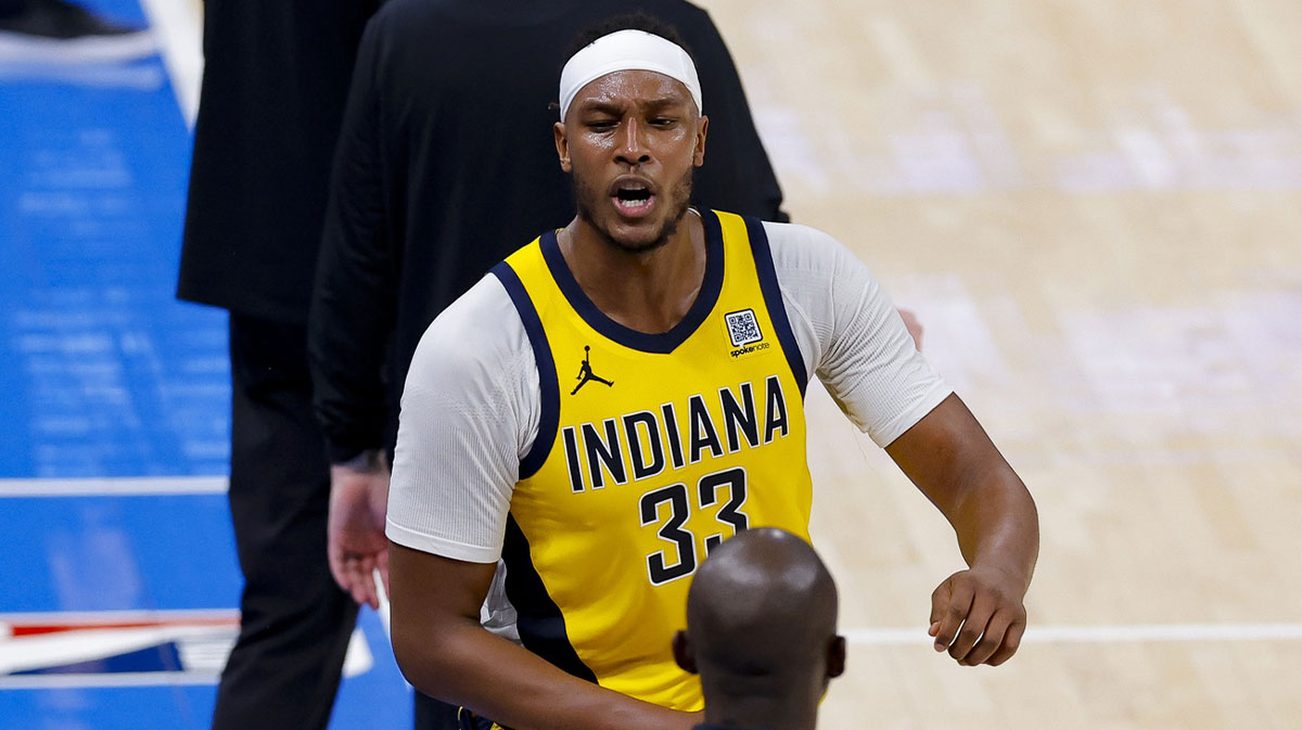 Pacers center Myles Turner (33) reacts near bench