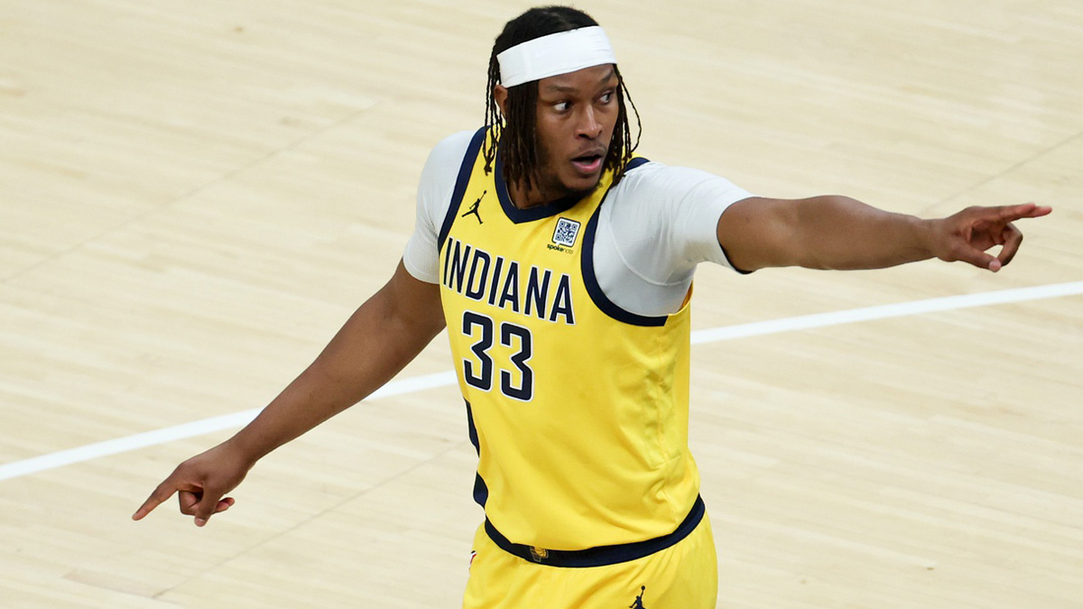 Pacers center Myles Turner (33) reacts in the first quarter during game six of the 2025 NBA Finals against the Oklahoma City Thunder at Gainbridge Fieldhouse