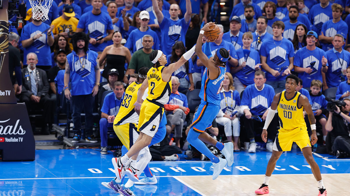 Oklahoma City Thunder guard Shai Gilgeous-Alexander (2) jumps for a shoots the ball as Indiana Pacers guard Andrew Nembhard (2) defends during the second half of game seven of the 2025 NBA Finals at Paycom Center.