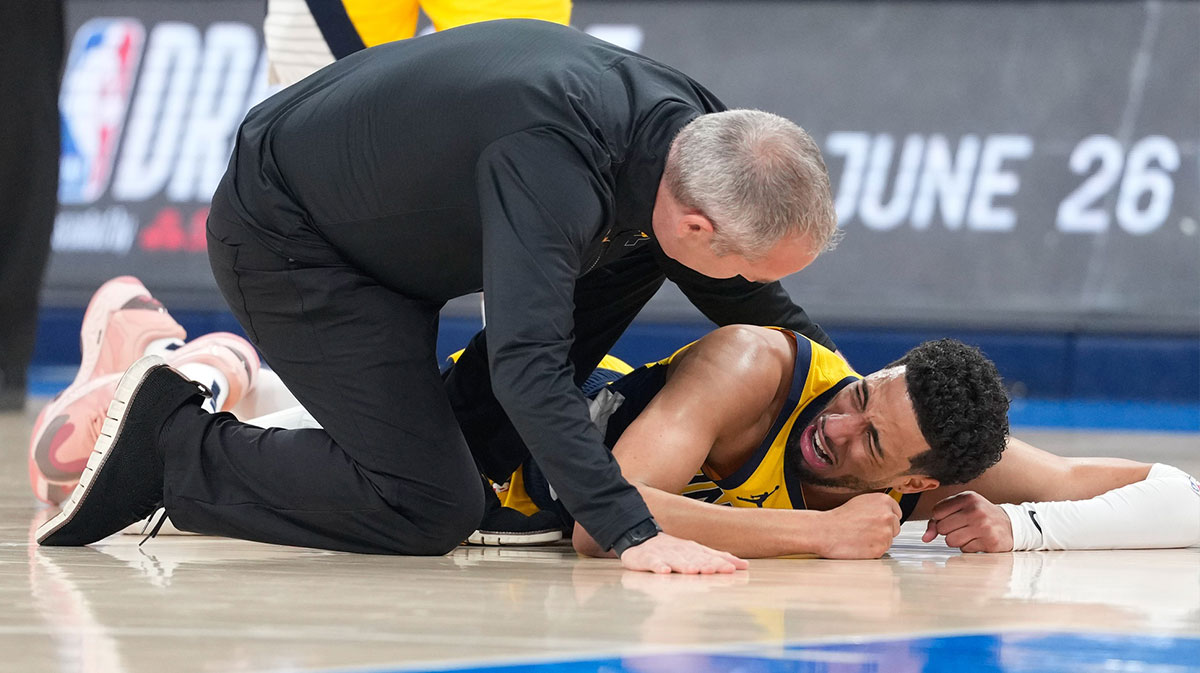 Pacers’ Tyrese Haliburton seen leaving Paycom Center on crutches