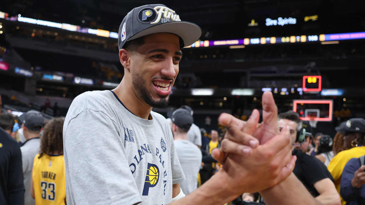 Indiana Pacers guard Tyrese Haliburton (0) reacts after game six of the eastern conference finals against the New York Knicks for the 2025 NBA Playoffs at Gainbridge Fieldhouse.