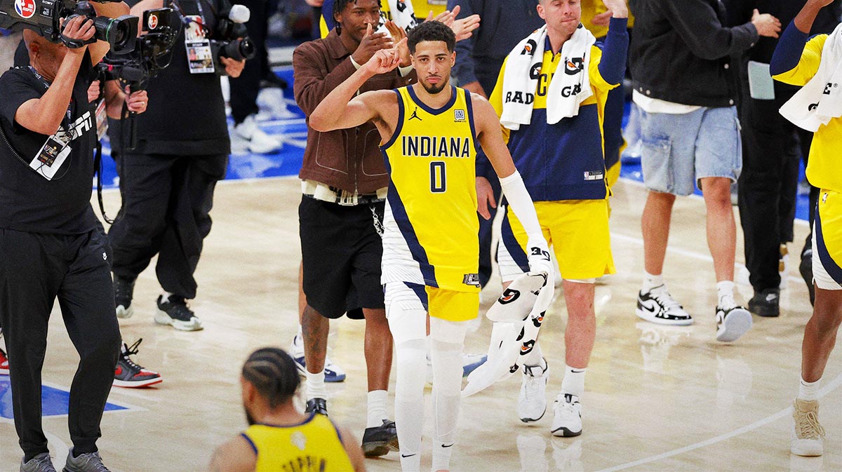 Indiana Pacers guard Tyrese Haliburton (0) walks off the court after the Pacers defeat the Oklahoma City Thunder during game one of the 2025 NBA Finals at Paycom Center.