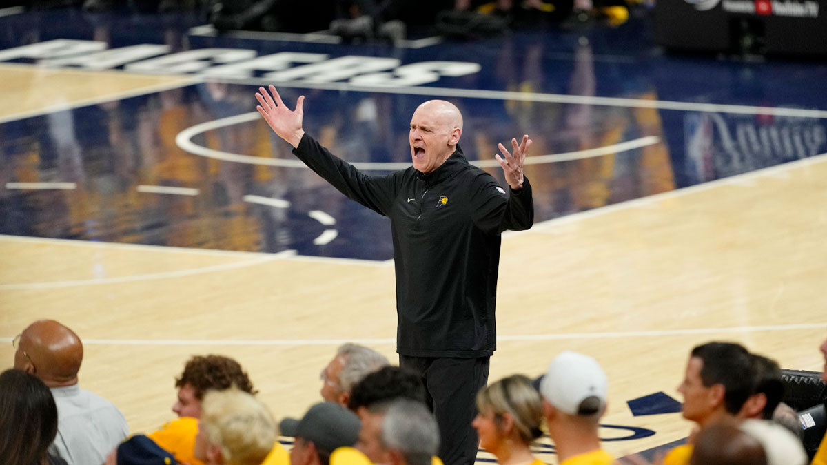 Indiana Pacers head coach Rick Carlisle reacts after a play against the Oklahoma City Thunder during the first half of game six of the 2025 NBA Finals between the Oklahoma City Thunder and the Indiana Pacers at Gainbridge Fieldhouse.