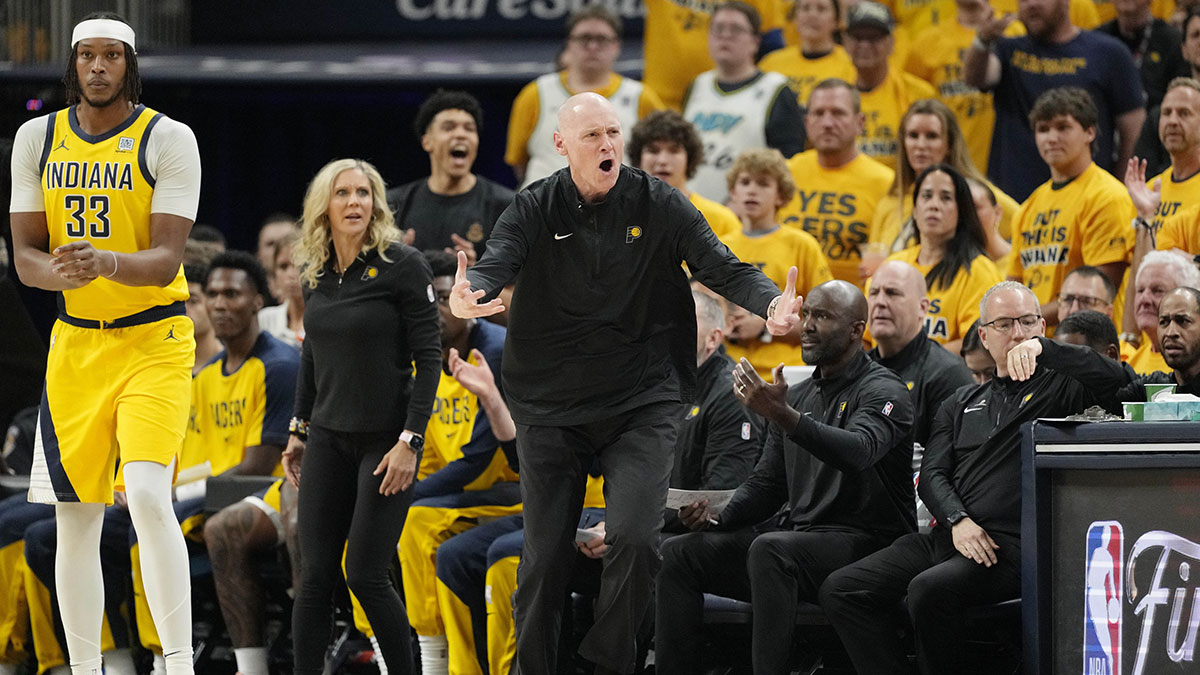 Indiana Pacers head coach Rick Carlisle reacts after a play against the Oklahoma City Thunder during the first half during game three of the 2025 NBA Finals at Gainbridge Fieldhouse.